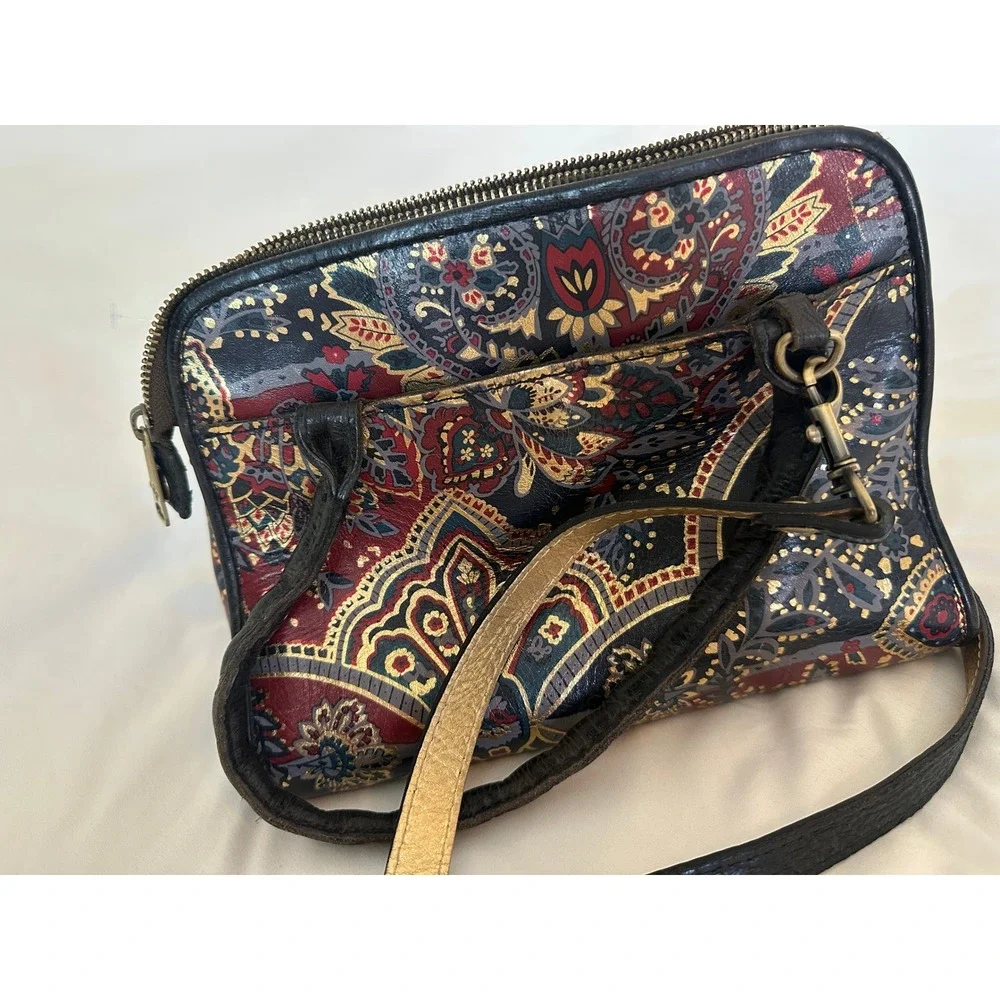 Patricia Nash Leather Paisley Satchel Crossbody Bag Metallic Red Navy Gold